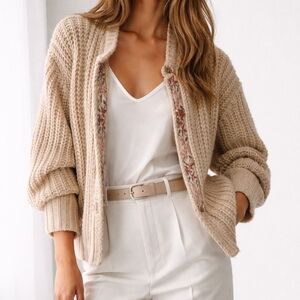 Zara Oversized Chunky Knit Cardigan Size L Floral Trim Wool Blend